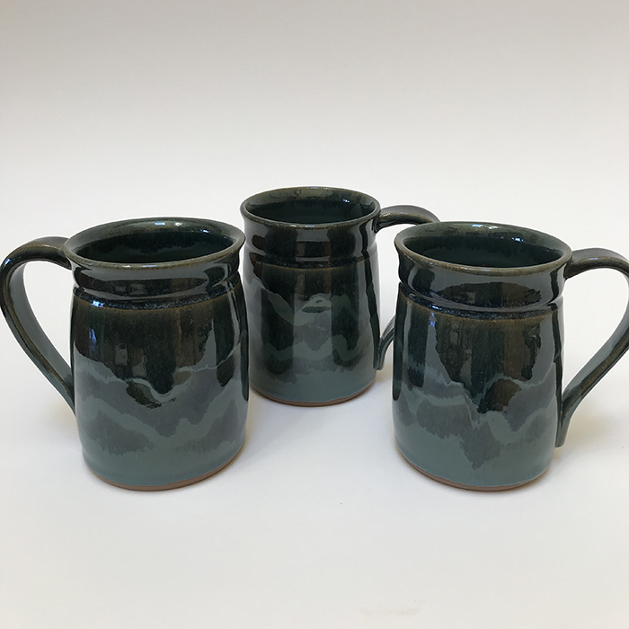 Item 464<br>Blue-glazed brown stoneware mugs, 4.5in tall x 3.25 in wide<br>