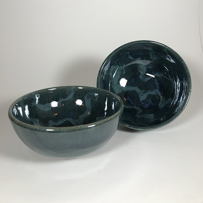 Item 505<br>Blue Glazed Brown Stoneware Bowl, 2.5 in tall x 5.5 in wide.<br>