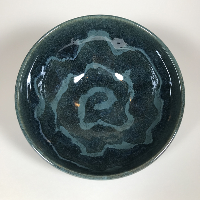 Item 507<br>Blue Glazed Brown Stoneware Bowl, 2.5 in tall x 6.75 in wide.<br>