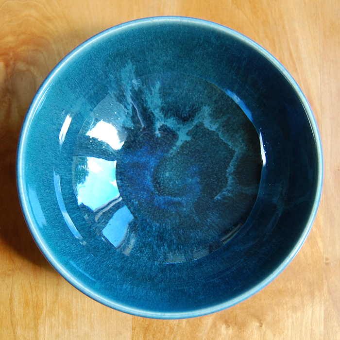 Item 529<br>Blue-glazed white stoneware bowl, 2.5 in tall x 6.75 in wide.<br>