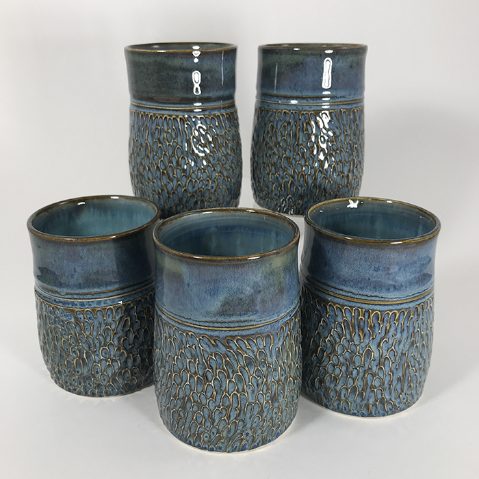 Item 674<br>Blue Glazed Textured Tumblers, 4.25 in tall x 3.0 in wide<br><b>Sold</b>