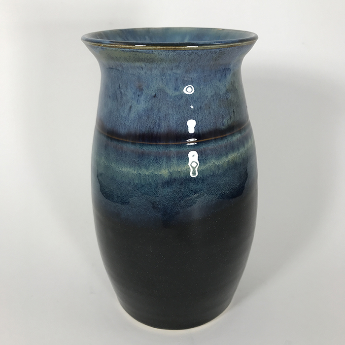Item 685<br>Black with Blue Glazed White Stoneware Vase, 7.0 in tall x 3.75 in wide<br><b>$55</b>