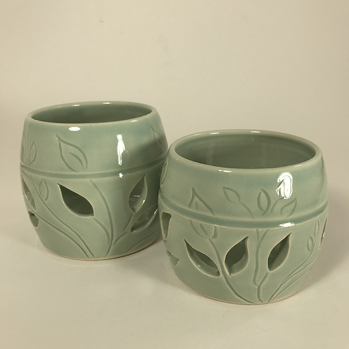 Item 708<br>Carved leaves votives, 3 inches tall x 3.5 inches wide<br><b>$30 each</b>