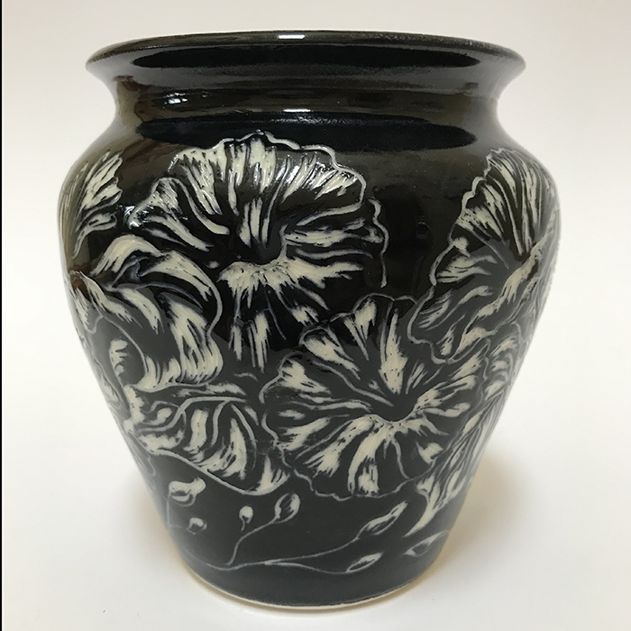 Item 258<br>Black sgraffito vase with carved morning glory flowers<br>5.25 in tall x 5.0 in wide<br>