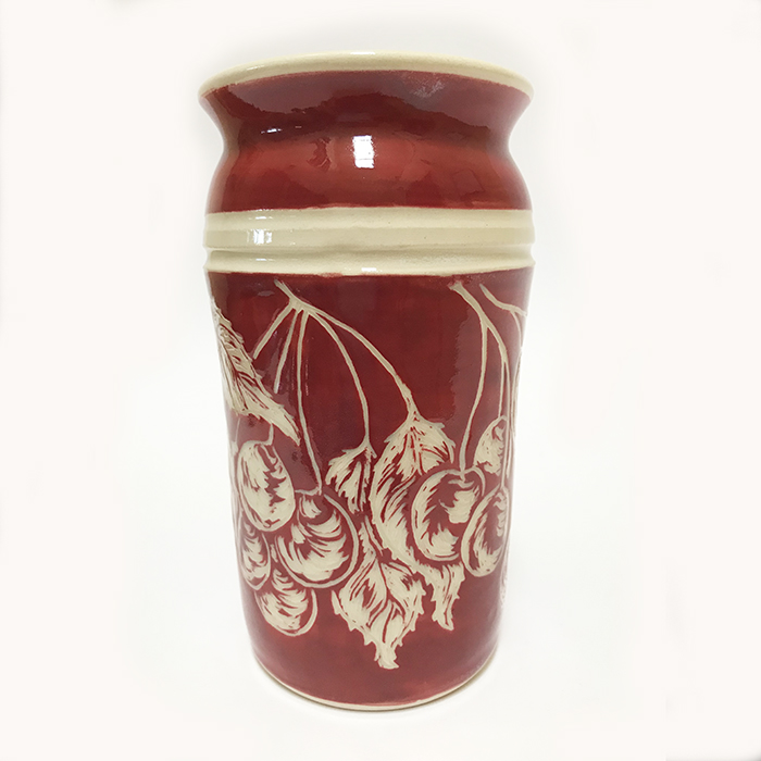 Item 482<br>Red sgraffito vase with carved cherries and leaves<br>6.0 in tall x 3.25 in wide<br><b>Sold</b>