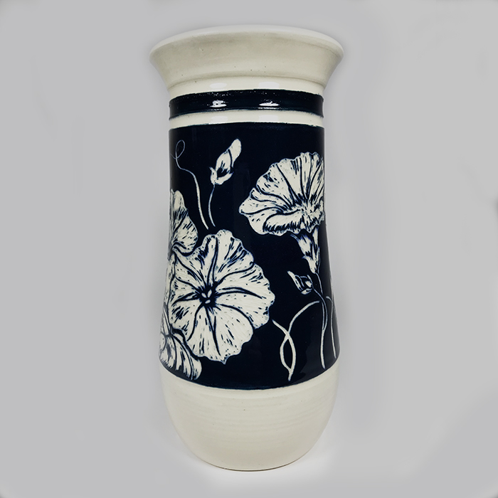 Item 511<br>Navy Blue Sgraffito Vase with Morning Glory Flowers, 7.5 in tall x 3.5 in wide, on white stoneware<br><b>Sold</b>