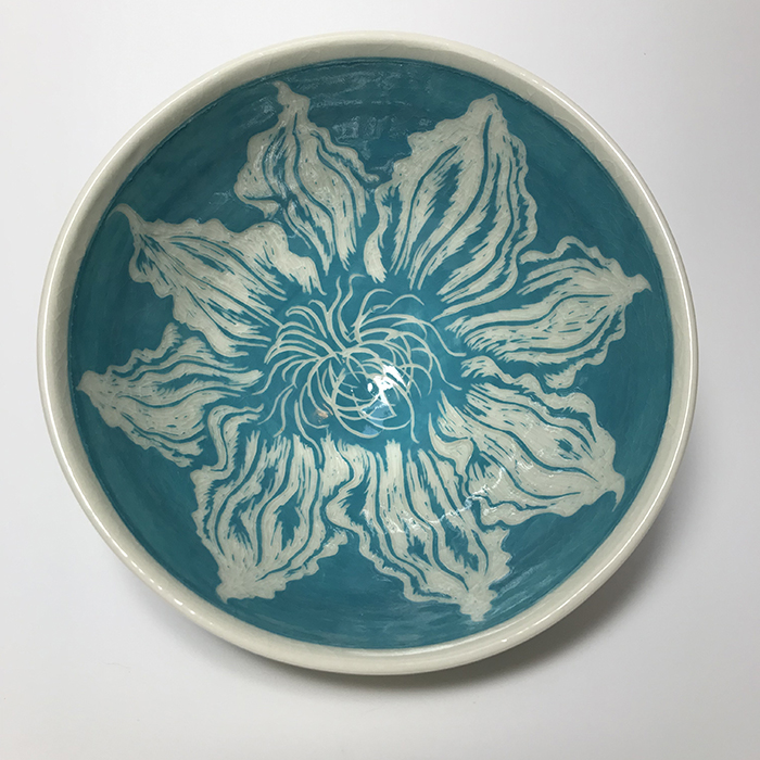 Item 515<br>Turquoise Sgraffito Bowl on Porcelain Carved Inside and Out with Clematis Flowers, 3.25 in tall x 6.5 in wide<br><b>Sold</b>
