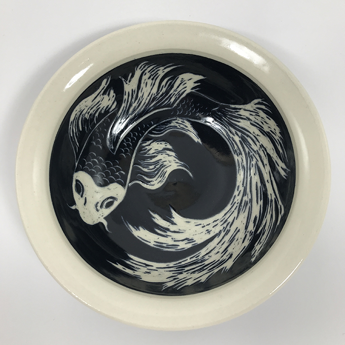 Item 589<br>Black sgraffito bowl on white stoneware with carved koi fish<br>2.25 in tall x 6.0 in wide<br><b>Sold</b>