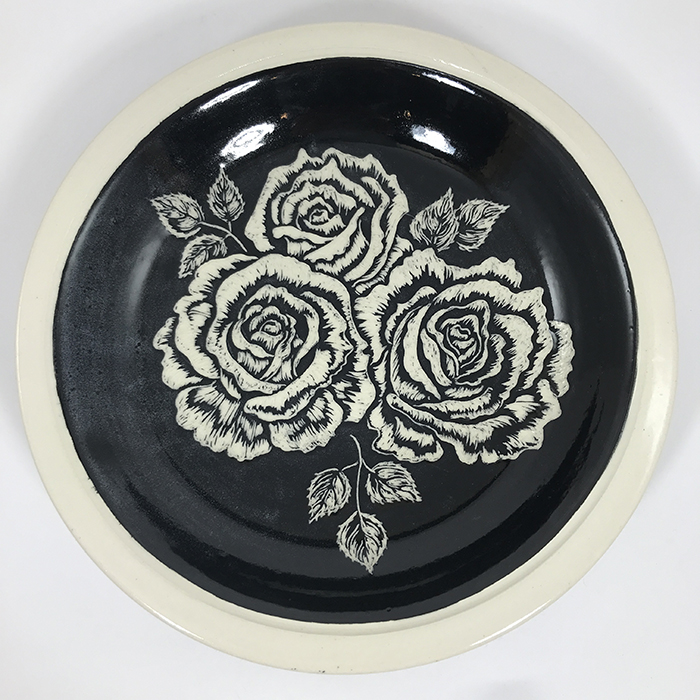 Item 651a<br>Black sgraffito bowl with roses<br><b>$140</b>
