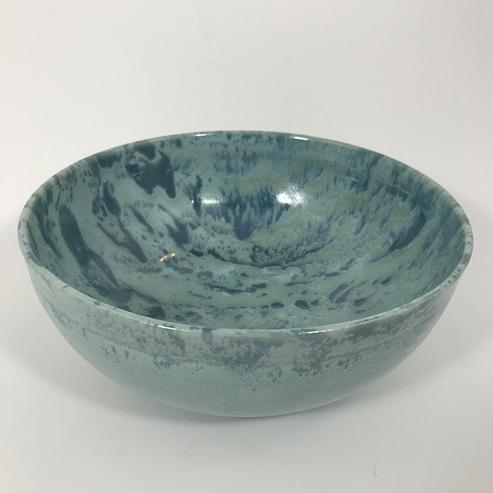 Item 643<br>Large, deep turquoise glazed white stoneware bowl<br>3 in tall x 8 in wide<br><b>Sold</b>